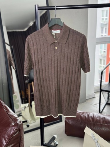 Трикотажная футболка-поло Brunello Cucinelli кофейного цвета (пуговица)			