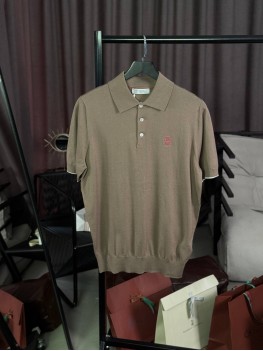 Трикотажное поло Brunello Cucinelli с лого на груди цвета хаки BC112