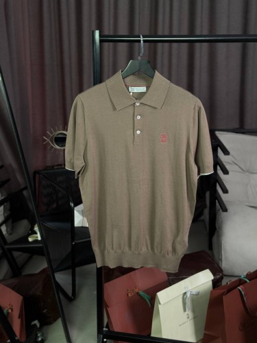 Трикотажное поло Brunello Cucinelli с лого на груди цвета хаки BC112