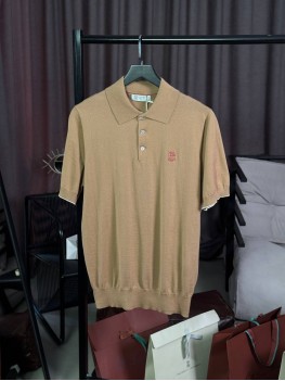 Трикотажное поло Brunello Cucinelli с лого на груди бежевого цвета BC112