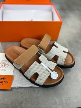 Сандали Hermes Chypre beige/textile  мужские сланцы бежевые с текстилем